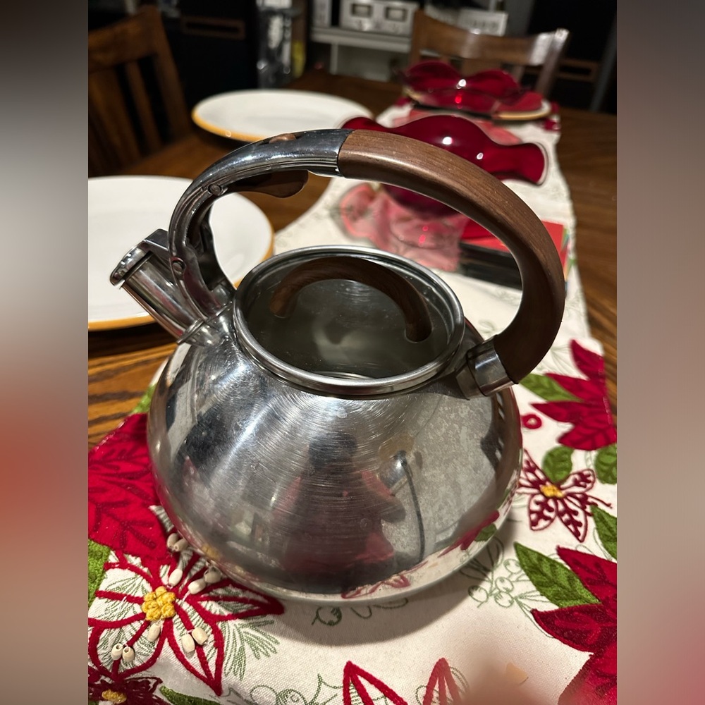 Sleek Stainless Steel Kettle with Brown Handle